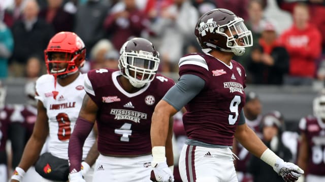 Dec 30, 2017; Jacksonville, FL, USA; Mississippi State Bulldogs linebacker Montez Sweat (9) celebrates after a play during the first half of the game against the Louisville Cardinals in the 2017 TaxSlayer Bowl at EverBank Field. Mandatory Credit: Melina Vastola-USA TODAY Sports